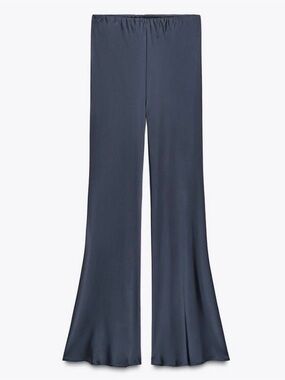 Zara NWT High-Waisted Wide-Leg Elastic Waist Satin Pants - Petrol Blue